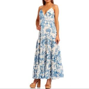Gianni Bini Max V-Neck Sleeveless Blue Toile Printed Tiered A-Line Maxi Dress